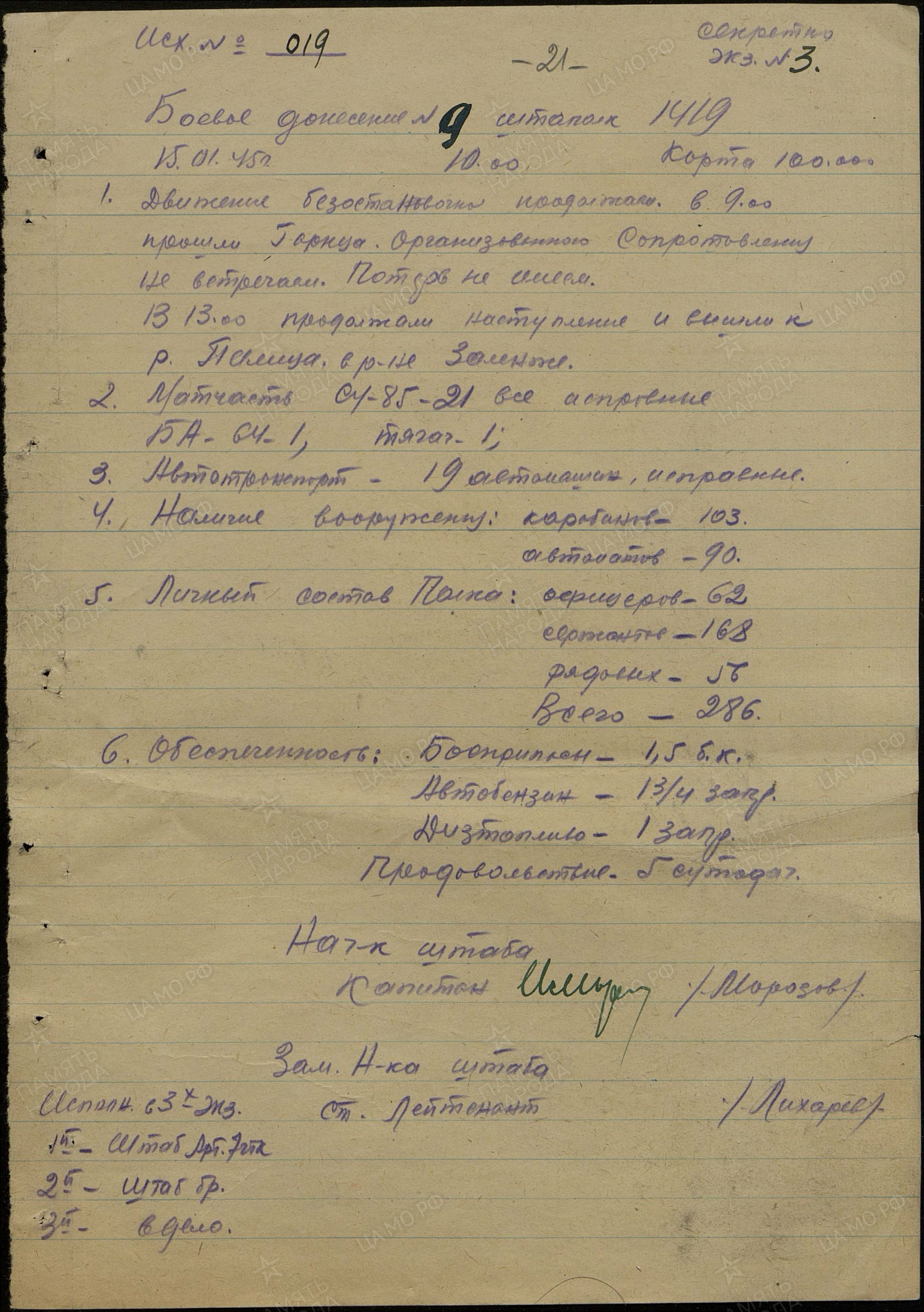 Боевое донесение, 15 января 1945